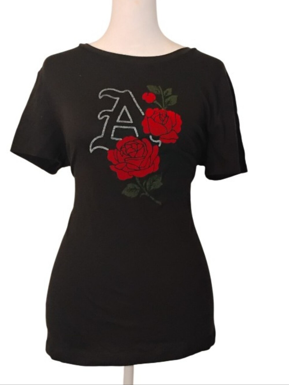 Black with Velvet  Rose Graphic Tee with Letter A